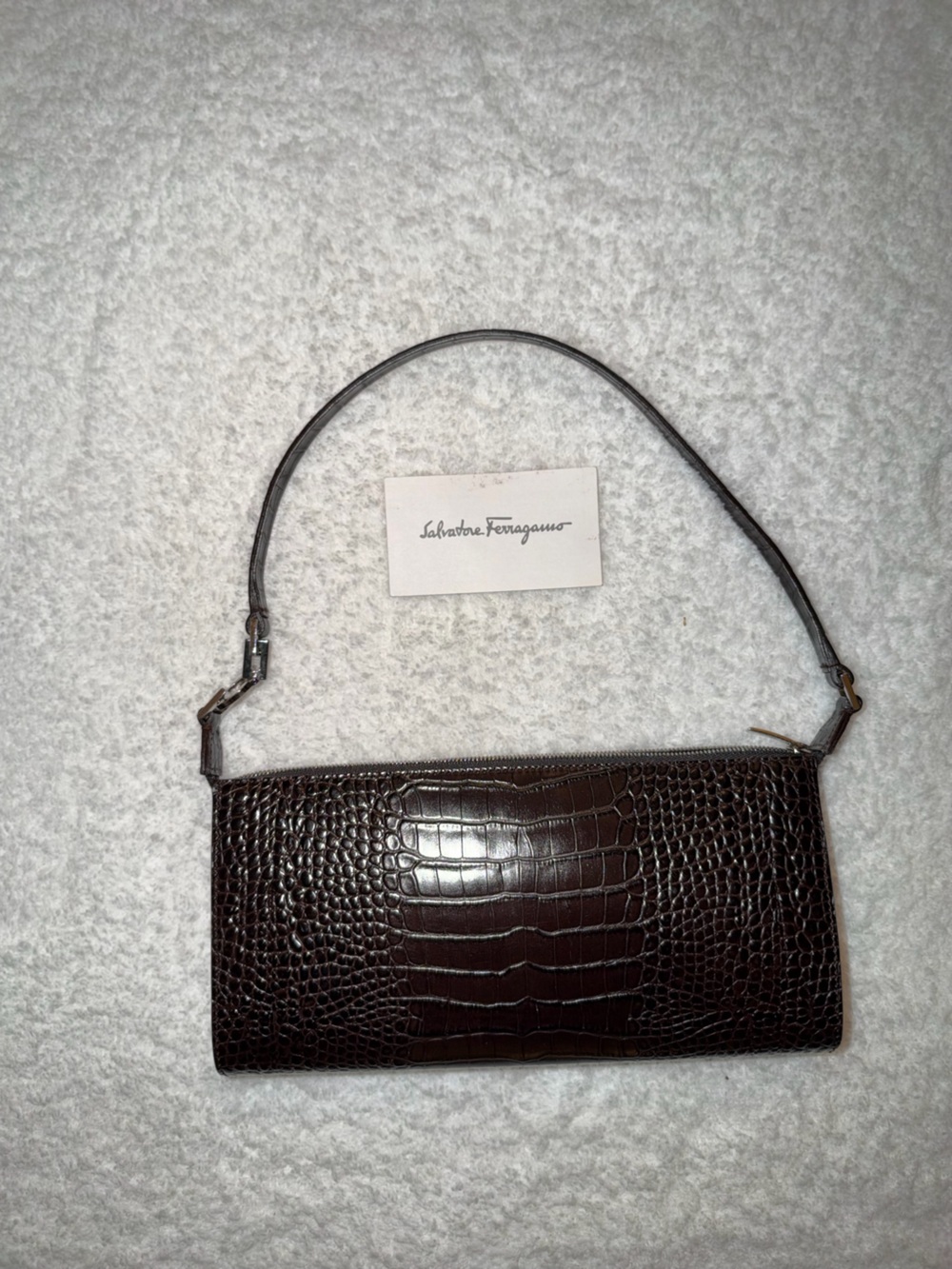 Salvatore Ferragamo Dark Brown Croc-Embossed Wristlet Clutch